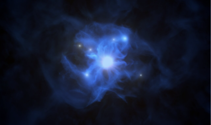 Illustrazione artistica della ragnatela di gas e galassie attorno al buco nero - Diritti ESO