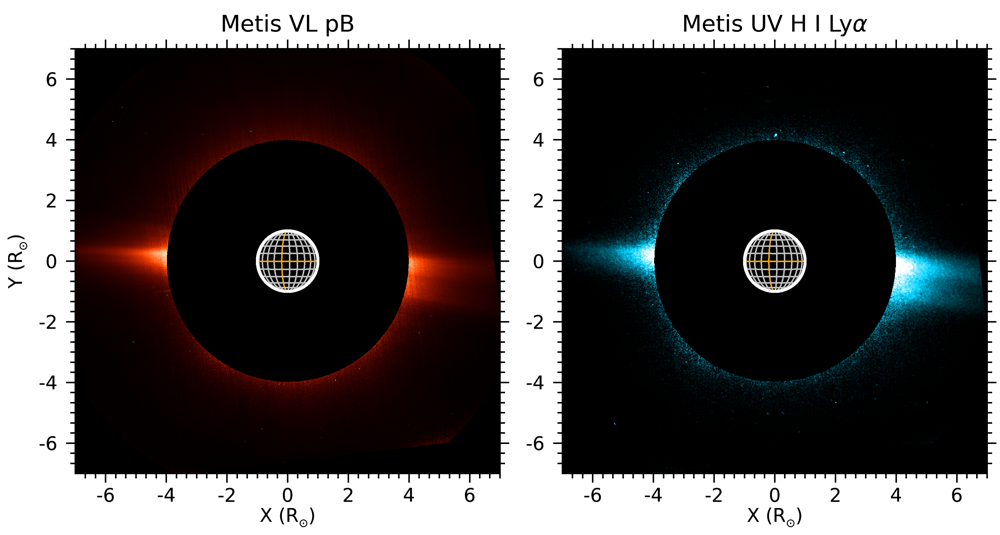 Immagini di Metis in luce visibile polarizzata (sinistra) e nell’ultravioletto (destra) della corona solare 