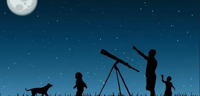 Didattica e Divulgazione: rappresentazione artistica di una famiglia che osserva le stelle con telescopi in un cielo stellato