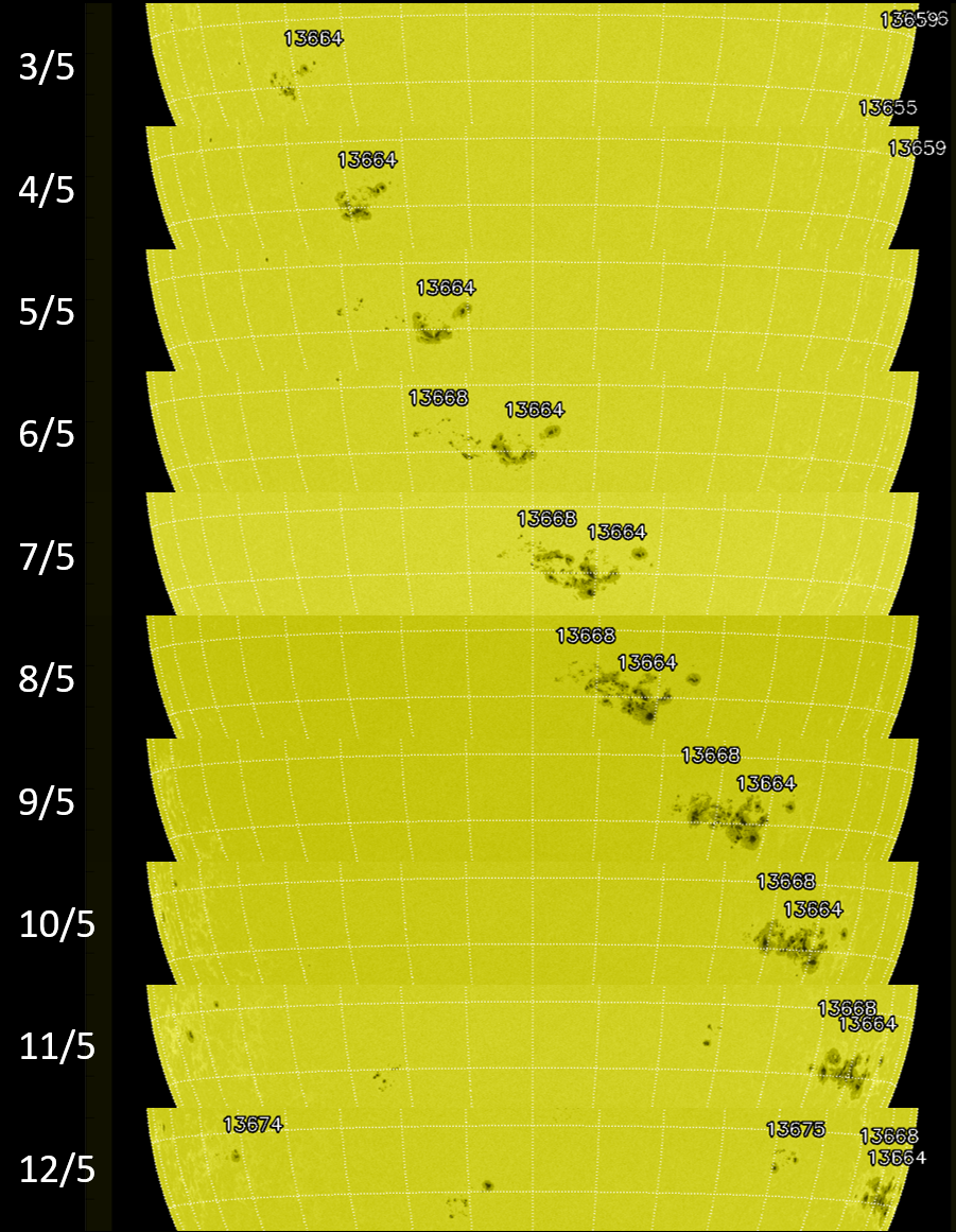 Figura 1: evoluzione dei gruppi di macchie 13664 e 13668 nei giorni dal 3 al 5 maggio 2024 come osservato dallo strumento HMI a bordo della sonda NASA SDO.