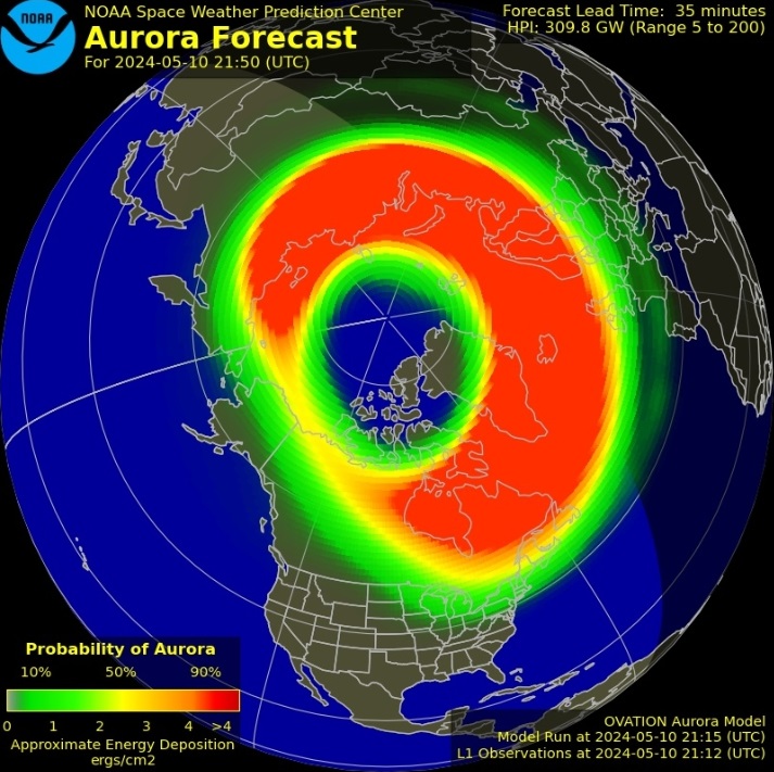 Figura 7: predizione dell’ovale aurorale per le ore 21:50 UT del 10 maggio 2024 secondo il modello OVATION della NOAA.