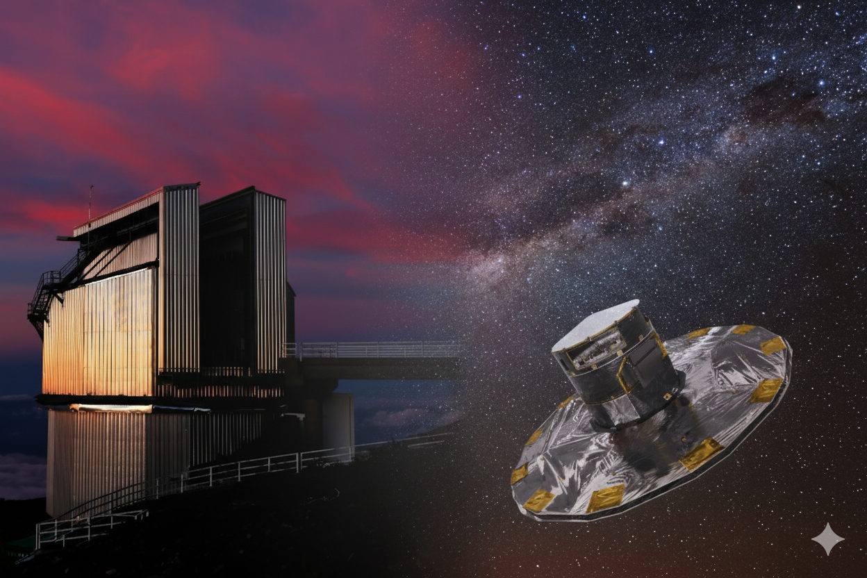 Il Telescopio Nazionale Galileo (TNG) e il satellite Gaia. Crediti: Gaia: ESA/ATG medialab; background image: ESO/S. Brunier