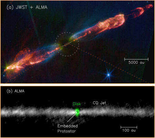 The twin energy jets shooting out of the young protostar system HH 211 could solve a major mystery about how stars form. (Image credit: Lee et al.)