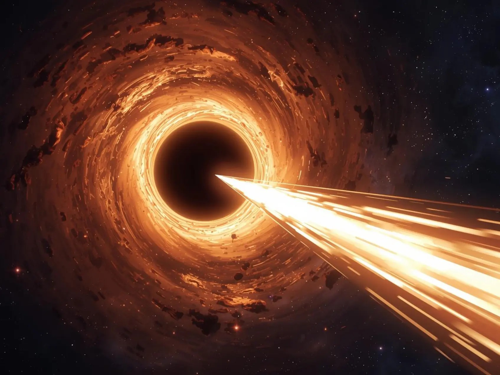 Rappresentazione artistica del buco nero al centro della galassia Sdss J110546.07+145202.4. Il disco luminoso di materia circonda l’orizzonte degli eventi, mentre un getto concentrato di particelle e radiazioni viene espulso nello spazio. Questo getto di recente formazione è rivelato attraverso l’intensa radiazione radio che da diversi anni proviene dal centro della galassia. Crediti: Max Planck Institute for Radio Astronomy (immagine generata con l’intelligenza artificiale)