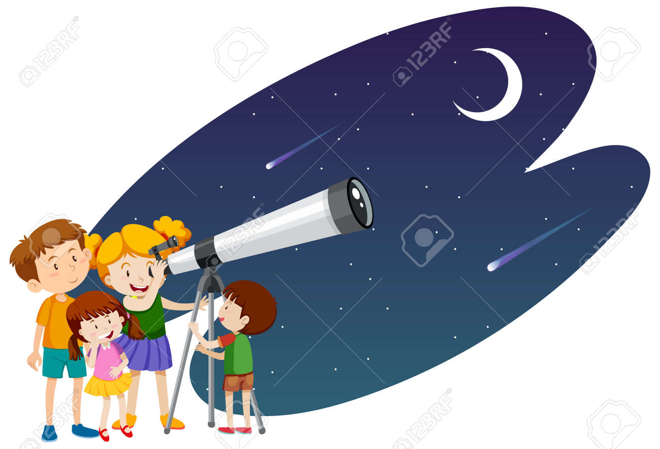 bambini che guardano il cielo con un telescopio