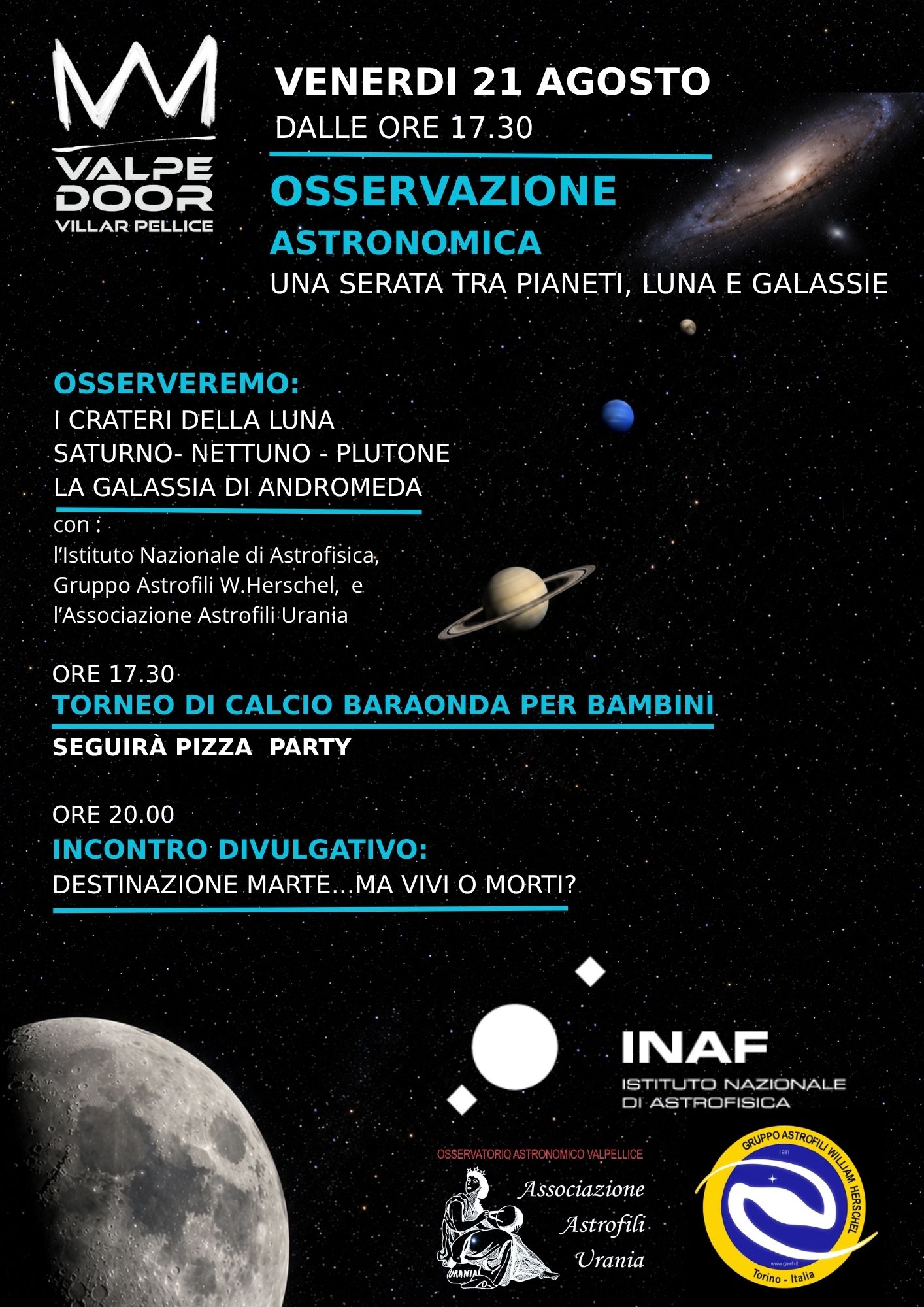 Locandina serata 21 agosto 2026 Osservatorio Urana di Luserna San Giovanni (TO)