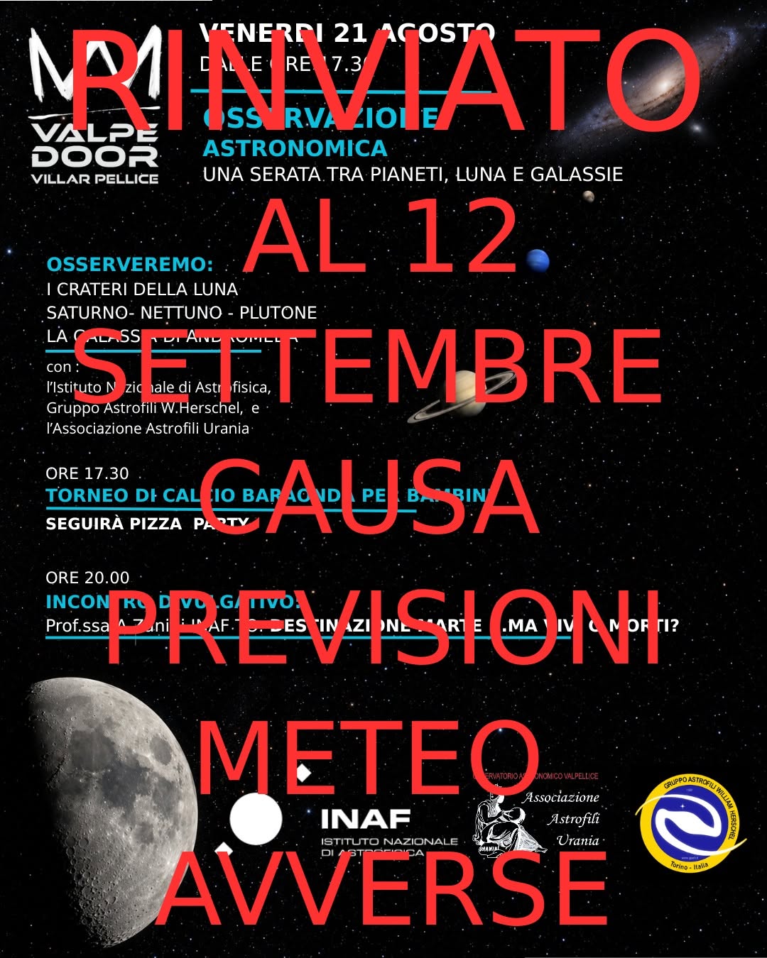 Locandina serata 12 settembre 2026 Osservatorio Uranaa Valpe door Torre Pellice (TO)