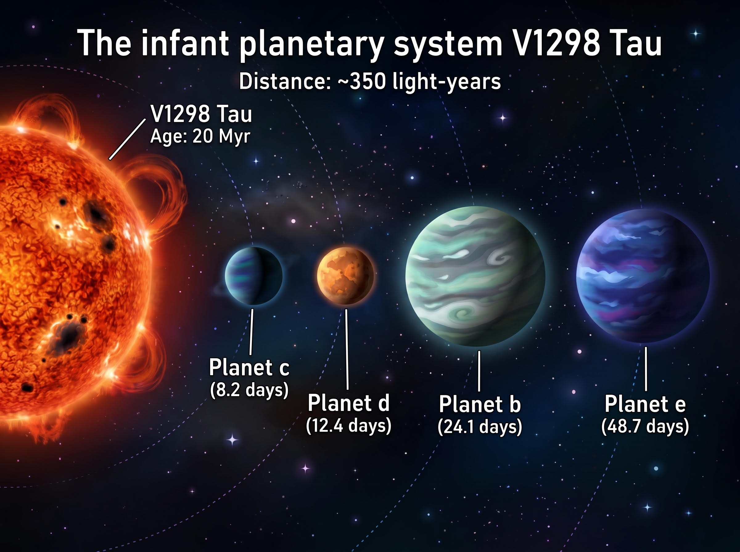 Cartoon of the planetary system orbiting V1298 Tau. / Illustrazione del sistema planetario in orbita attorno a V1298 Tau.